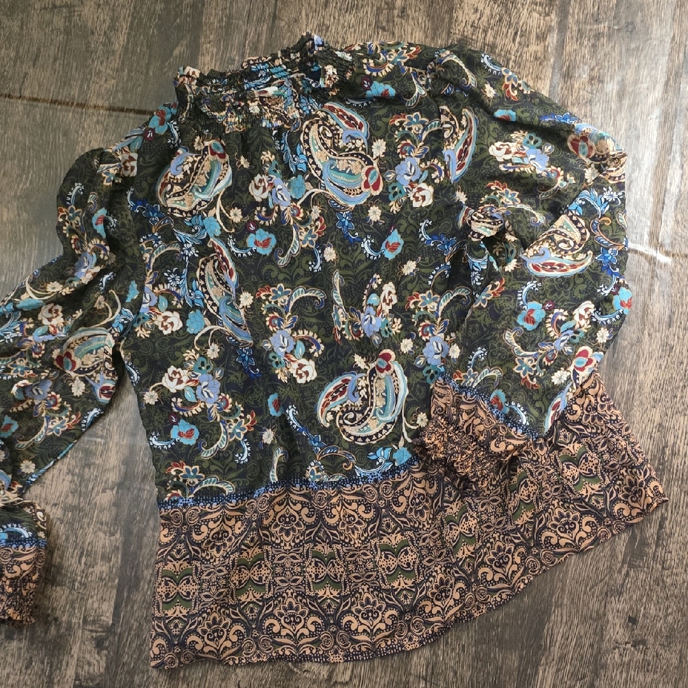 FIG AND FLOWER Multicolor Paisley Blouse Green Red Blue Black Sz XL